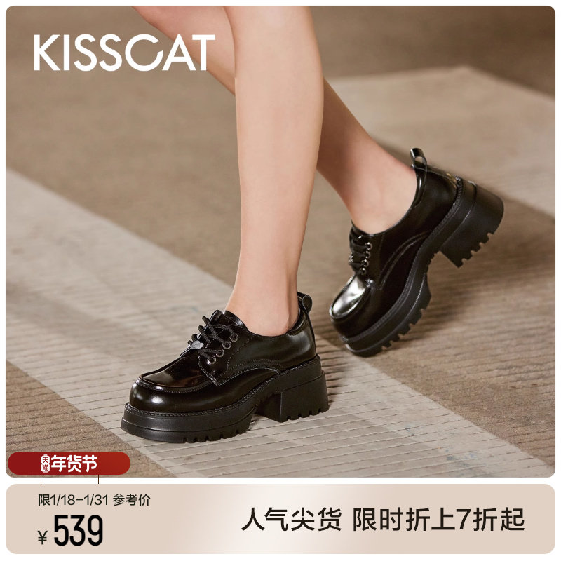 接吻猫奥利奥厚底增高乐福鞋春季新款JK真皮绑带松糕小皮鞋女