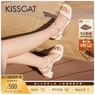 粗跟一字带凉鞋 法式 女 真皮中跟凉鞋 KISSCAT接吻猫新款