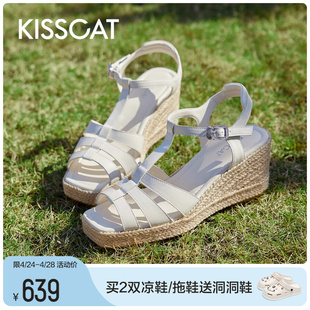 KISSCAT接吻猫2024年夏季 复古坡跟防水台度假风编织罗马凉鞋 新款