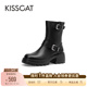 KISSCAT接吻猫新款 真皮中筒靴机车靴复古黑色厚底西部牛仔靴女