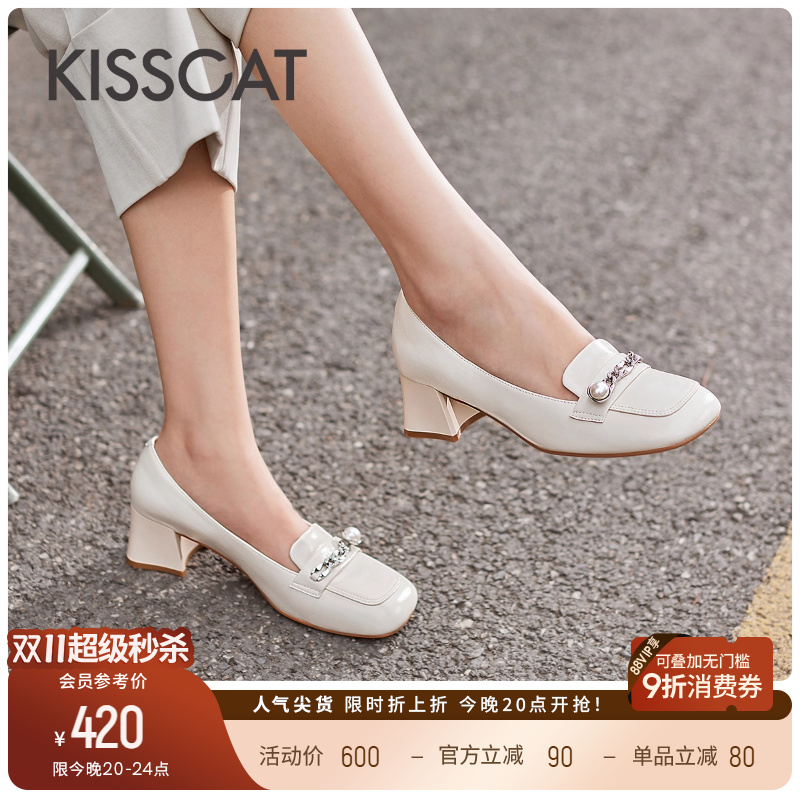 接吻猫粗跟时尚深口单鞋