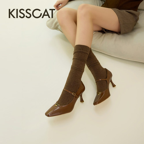 KISSCAT接吻猫[翎羽系列]舒适法式高跟鞋复古设计玛丽珍单鞋女