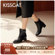 KISSCAT接吻猫 靴高级复古黑色短靴女 真皮粗跟时装 优雅爵士 新款