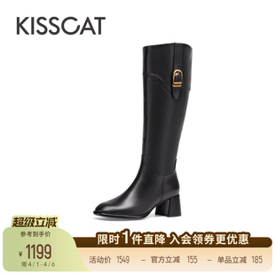 KISSCAT接吻猫复古长筒高靴皮带扣骑士靴高跟靴真皮黑色靴子女