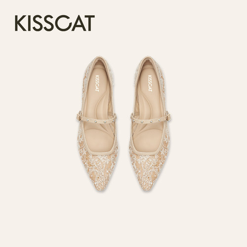 KISSCAT接吻猫[捕梦网]26春新款气质蕾丝玛丽珍平底婚鞋单鞋女