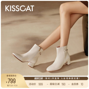 靴女 高级粗跟时装 KISSCAT接吻猫新款 通勤真皮短靴法式