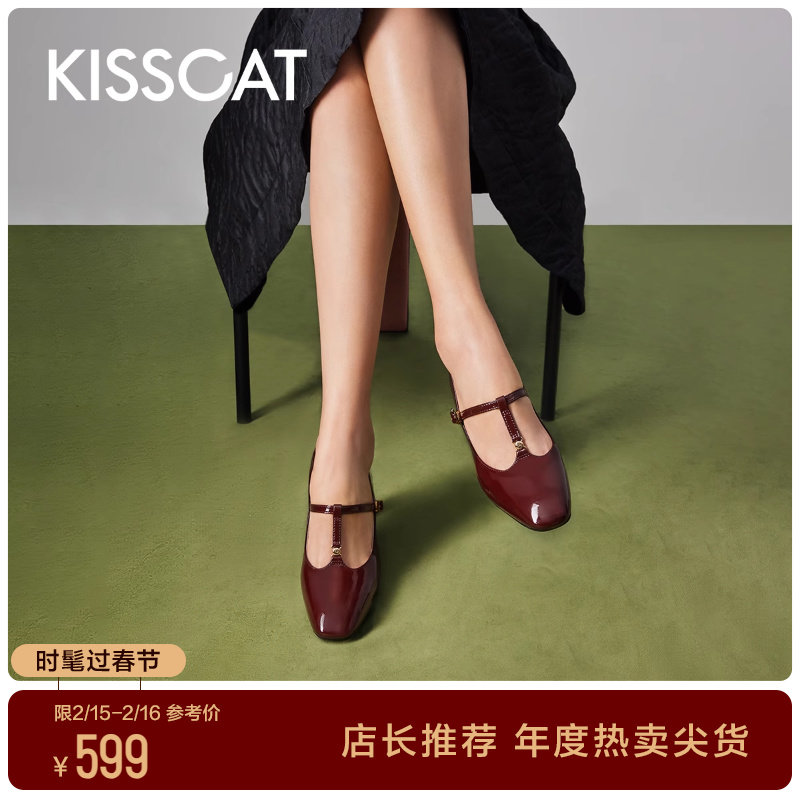 接吻猫玫瑰玛丽珍鞋春季新款复古甜美T字带漆皮粗高跟单鞋女