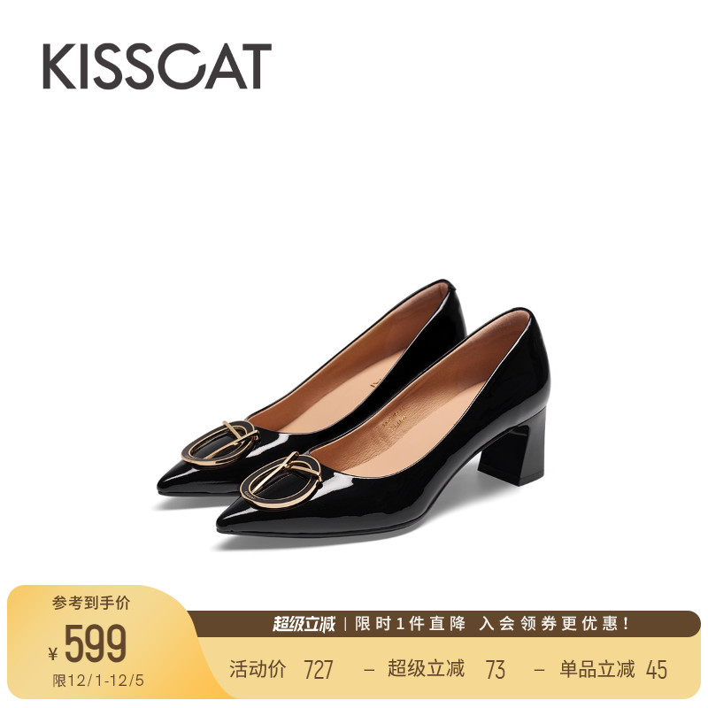 接吻猫法式粗跟真皮单鞋