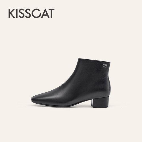 KISSCAT接吻猫简约百搭短靴真皮小方头舒适黑色时装靴踝靴女