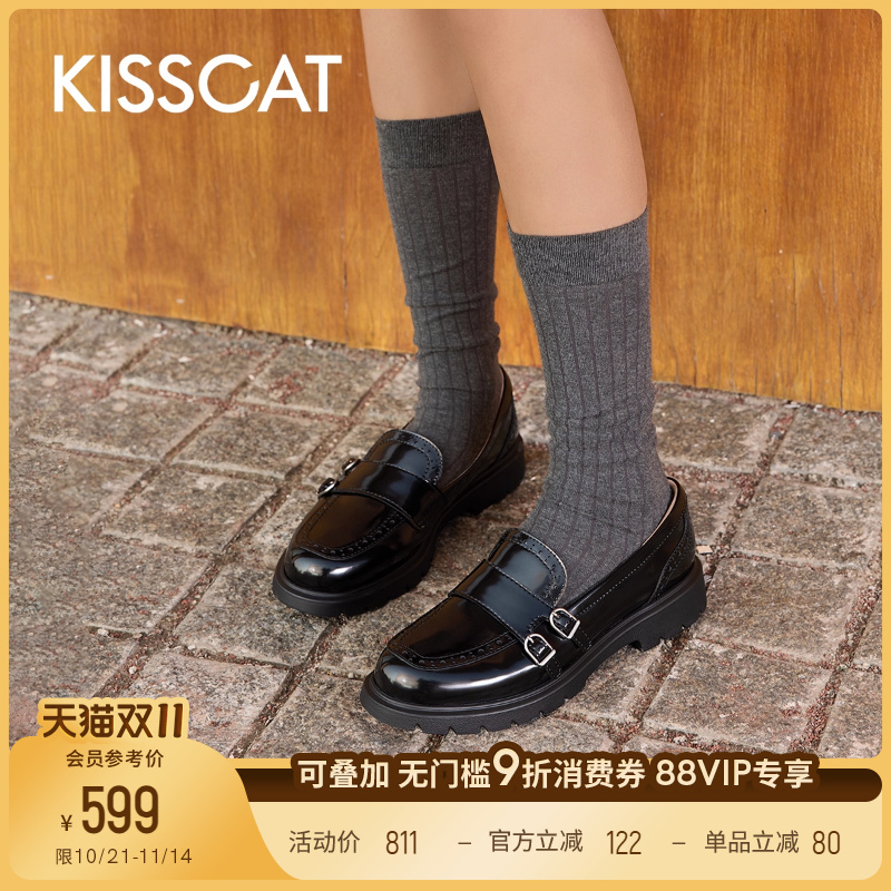 KISSCAT接吻猫罗马假日孟克鞋通勤真皮布洛克黑色小皮鞋乐福鞋