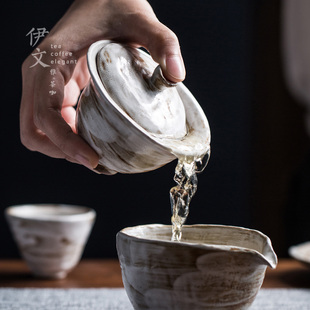 手作柴烧盖碗茶杯纯手工茶碗带盖复古单个泡茶三才碗大号八宝茶道