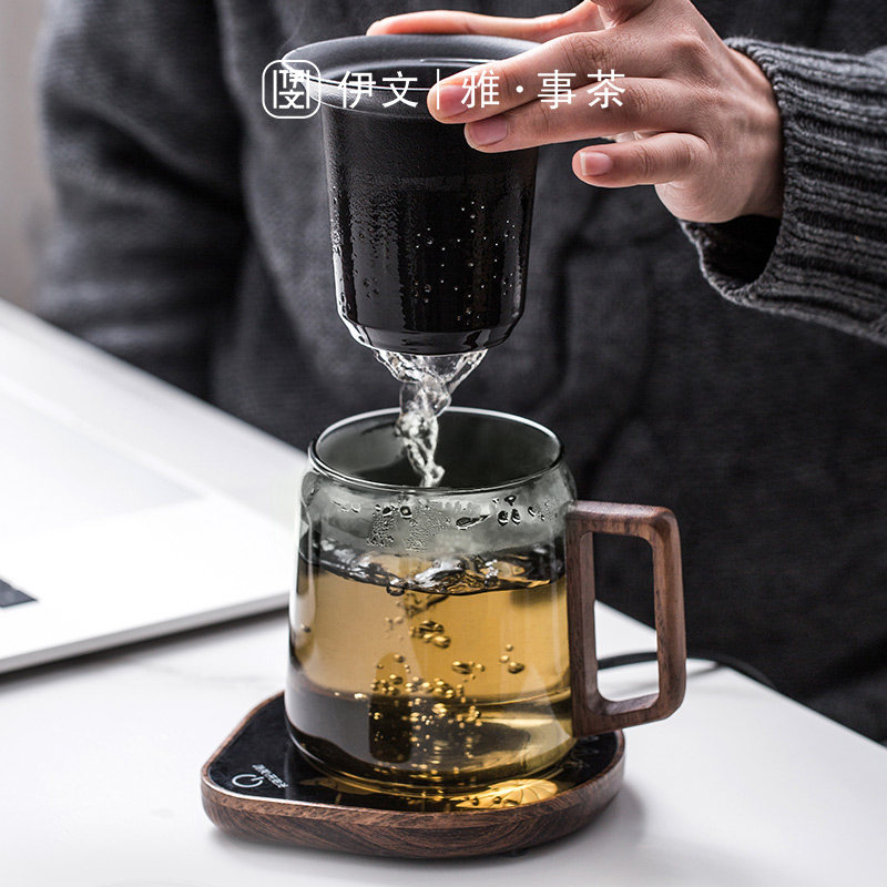 茶杯茶水分离办公室过滤泡茶杯大容量水杯玻璃杯智能恒温杯垫组合