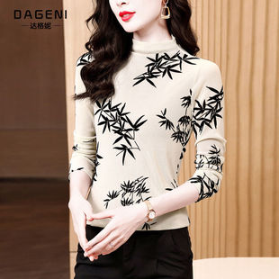 半高领植绒网纱打底小衫女长袖秋冬新款中式国风印花t恤修身上衣