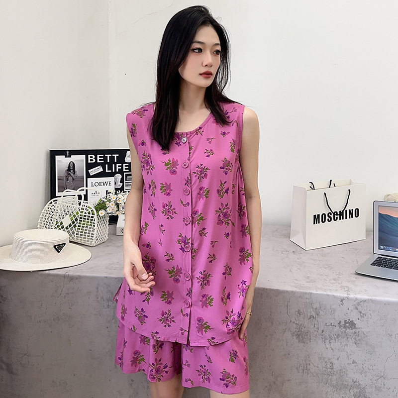 棉绸睡衣套装女无袖背心休闲人造图片
