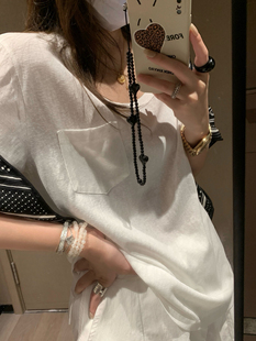 极简主义 慵懒宽松打底简约纯色体恤 口袋U领亚麻短袖 T恤女夏新款