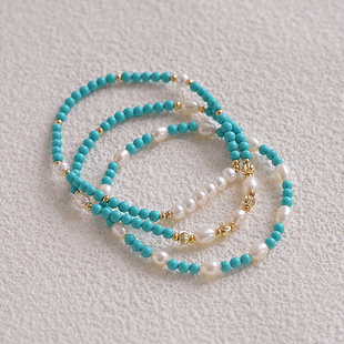高级感小众轻奢天然淡水珍珠手链简约叠戴小米珠绿松石设计感手串