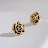 黑色小钻立体山茶花耳钉仙女风耳环2025年新款 潮耳饰超仙气质高级