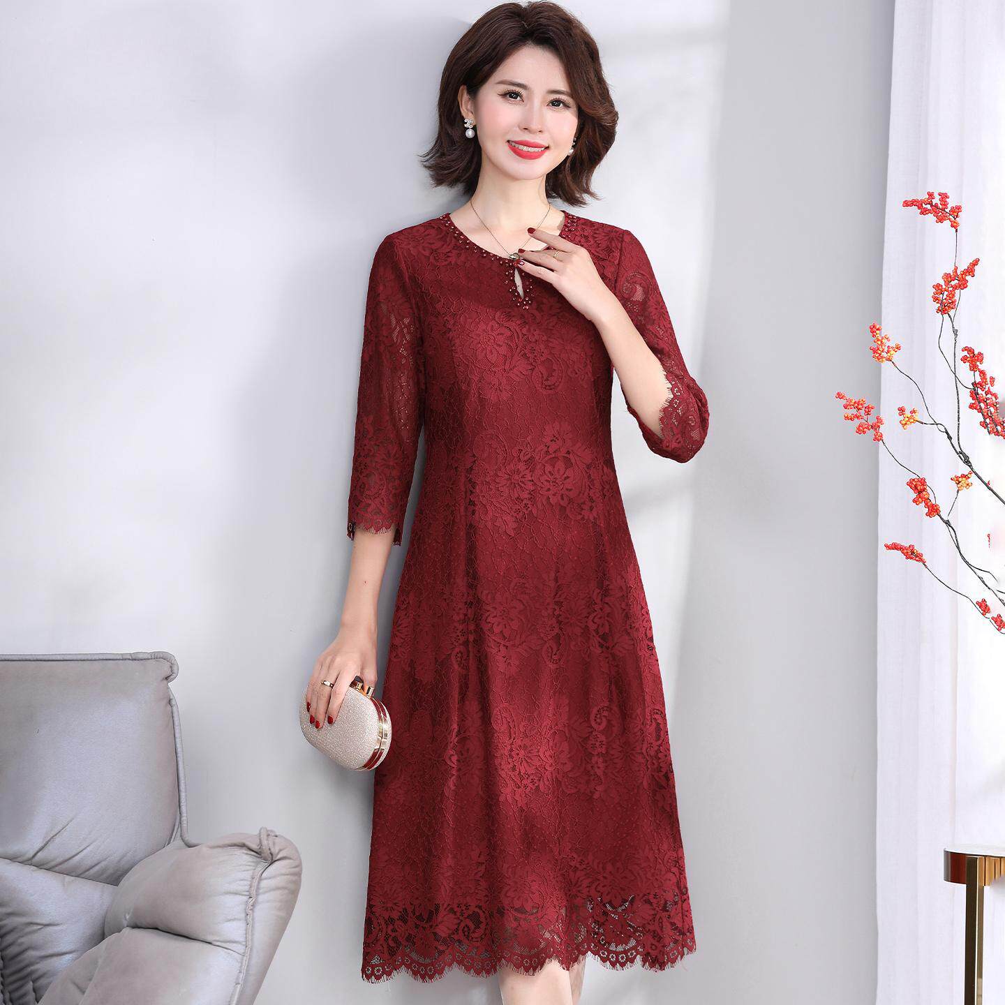 中老年女装礼服裙子短袖蕾丝连衣裙春夏中袖印花网纱妈妈装中长裙
