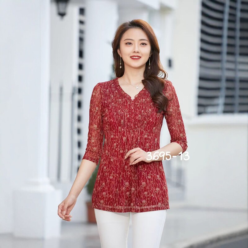 2025中老年女装夏装中长款衬衫台湾纱小衫妈妈装裙摆上衣遮肚显瘦
