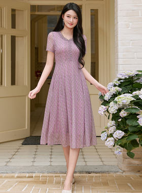 高端台湾纱连衣裙短袖2026新款弹力网纱裙碎花夏季中年女妈妈减龄