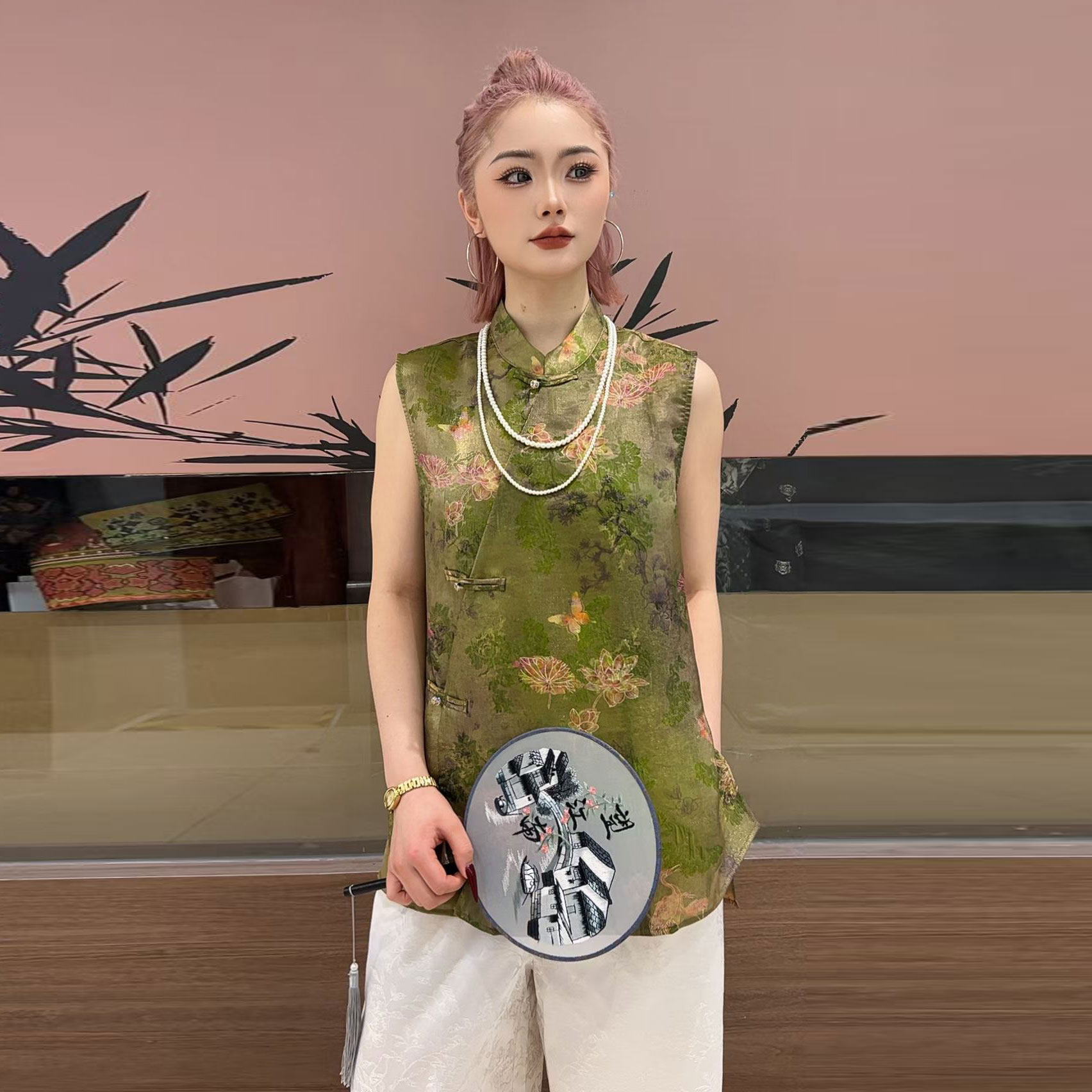 新中式斜襟盘扣提花无袖马甲套装女2026夏季新款薄款宽松阔腿显瘦