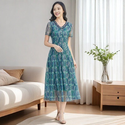 2025高端进口台湾纱短袖连衣裙弹力网纱夏季大码透气妈妈遮肉过膝