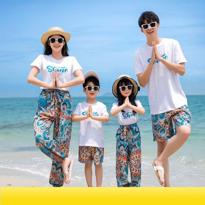 亲子装2025新款夏装一家三口四母女九分全家旅游度假拍照沙滩套装