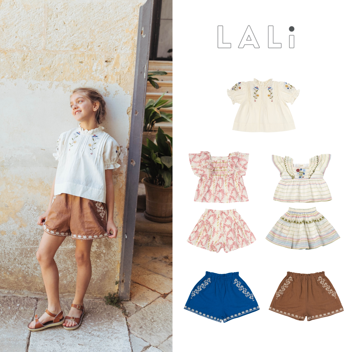 现货 美国 LALI 25ss 春夏女童新款乖巧淑女碎花上衣短裤套装
