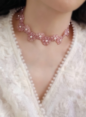 欧美小众蕾丝花朵珍珠锁骨链