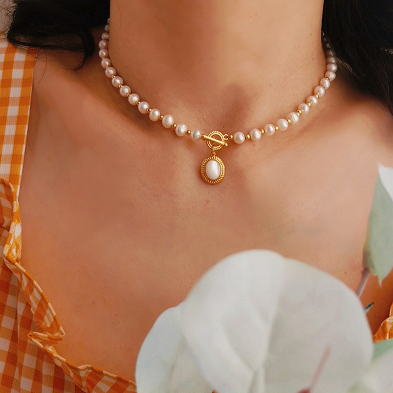 欧美小众设计复古天然珍珠t扣锁骨链法式浪漫母贝时尚款叠带项链