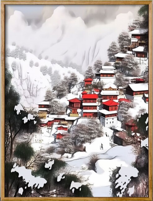庐山雪景 数字油画diy水墨中国风美景治愈手工涂鸦填色摆件装饰画