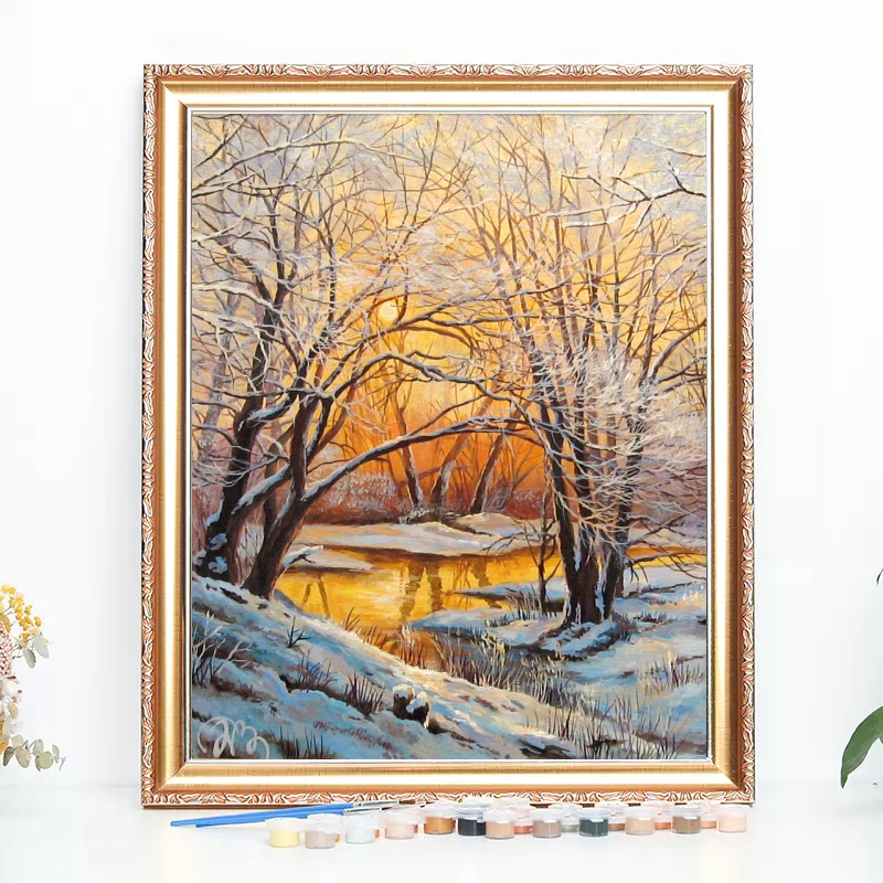 数字油画diy冬风景 电表箱装饰遮挡挂画 沙发背景墙装饰画 雪黄昏