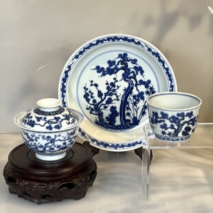 【松风馆】仿明 青花 松竹梅套组 盖碗 直口杯 壶承