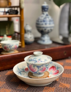 匠质堂斗彩双桃 青花逗彩桃子盖碗 景德镇手绘茶器 茶具 岩茶盖碗