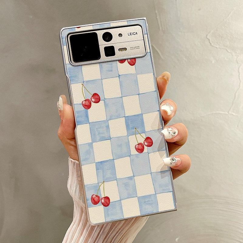 热瓜适用于小米MIXFold4/mixfold3/mixfold2手机壳折叠屏保护套新款高档气质银色油边全包防摔套浅蓝格纹樱桃