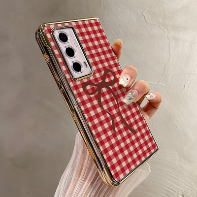 热瓜适用于荣耀MagicV5/V3/VS3/V2RSR/VS2手机壳折叠屏保护套新款高档气质电镀金边全包潮防摔套红格纹蝴蝶结