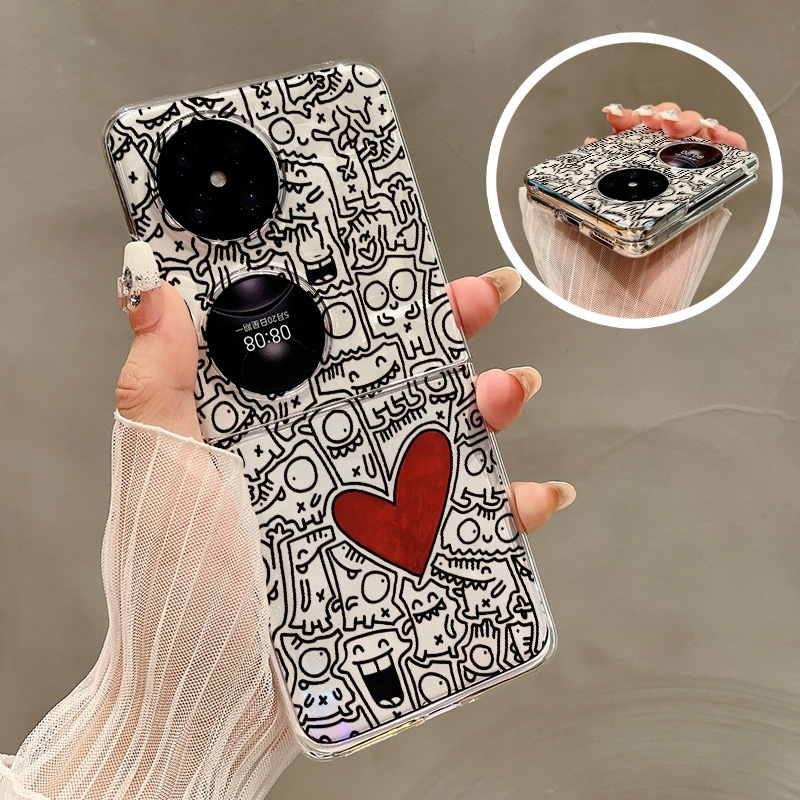 热瓜适用华为P50pocket手机壳Pocket2折叠屏保护套卡通爱心创意手绘UV透明壳新款pockets创意高档全包防摔套