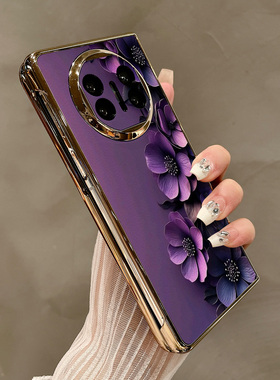 热瓜适用于华为MateX7/X6/X5/X3手机壳折叠屏保护套新款高档气质电镀金边外壳高级感全包防摔套质感紫色花朵