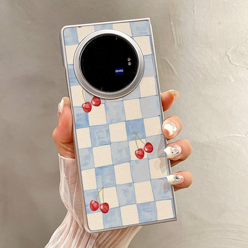 热瓜适用于VIVOXFold5/xfold3pro/xfold2手机壳折叠屏保护套新款高档气质银色油边全包防摔套浅蓝色格纹樱桃