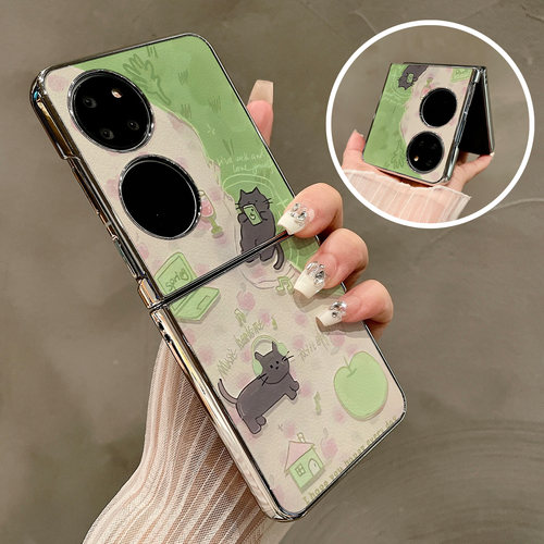 热瓜适用华为P50pocket手机壳Pocket2折叠屏保护套电镀粉色玫瑰小猫银边新款pockets创意高档翻盖视窗全包套