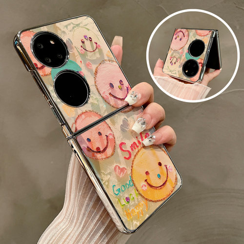 热瓜适用华为P50pocket手机壳Pocket2折叠屏保护套电镀涂鸦手绘粉色表情银边新款pockets创意高档翻盖全包套