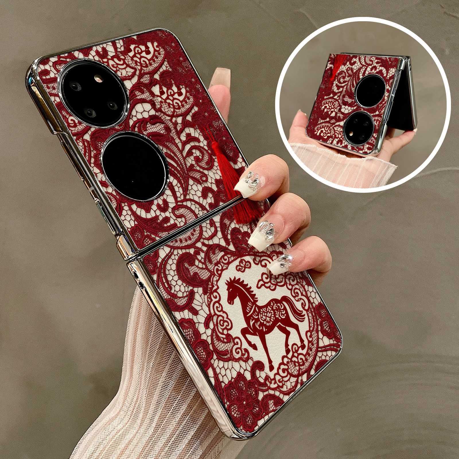 热瓜适用于华为P50pocket/Pocket2/pocketS手机壳折叠屏保护套新款气质高档电镀金边全包防摔套马年红色蕾丝