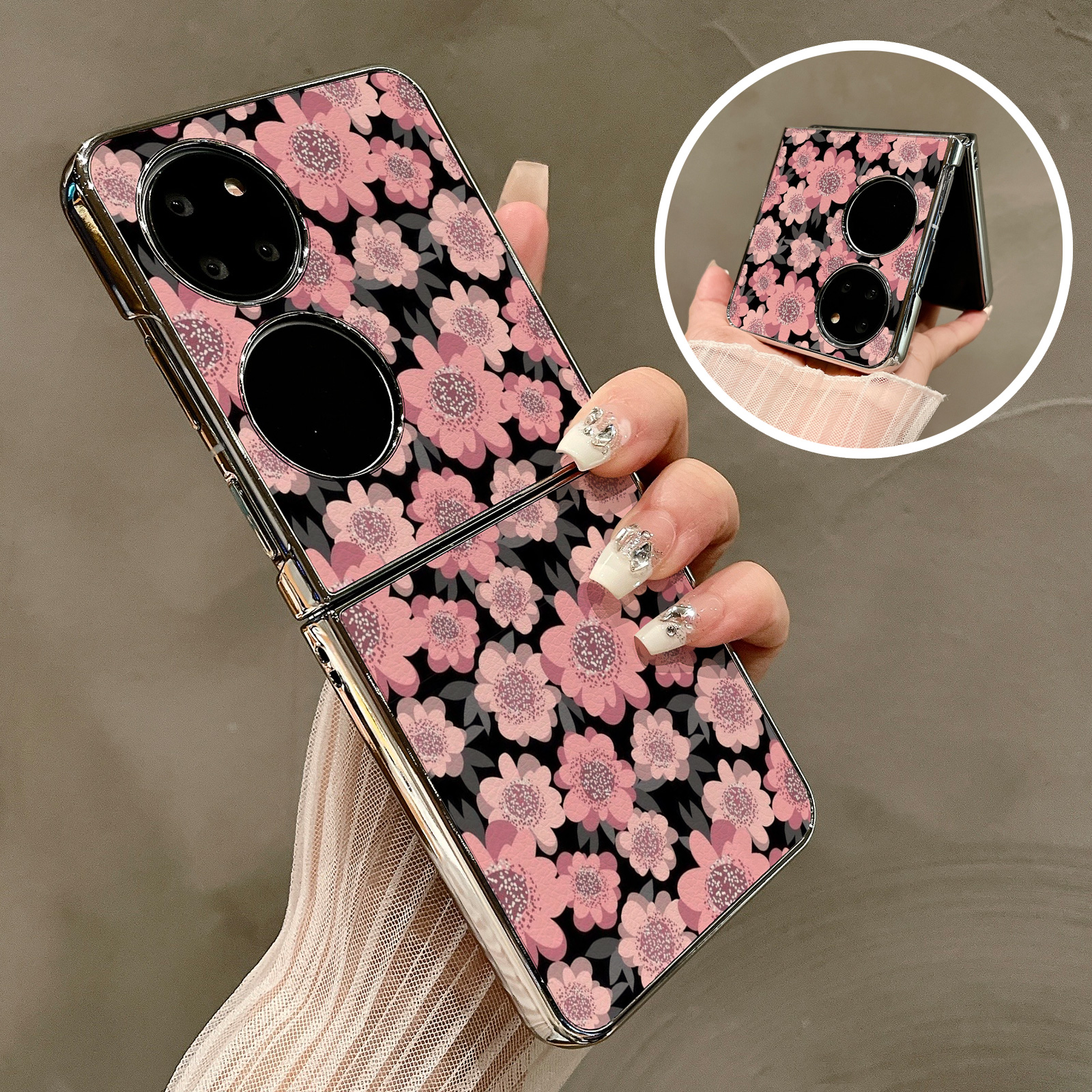 热瓜适用华为P50pocket手机壳Pocket2折叠屏保护套电镀满屏粉色花朵银边新款pockets创意高档翻盖视窗全包套