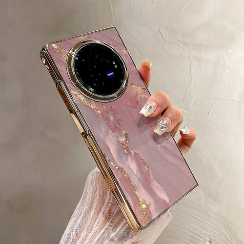 热瓜适用VIVOXFold5手机壳折叠屏保护套粉色金箔大理石电镀金边新款气质xfold3pro/xfold2高档翻盖全包潮流套