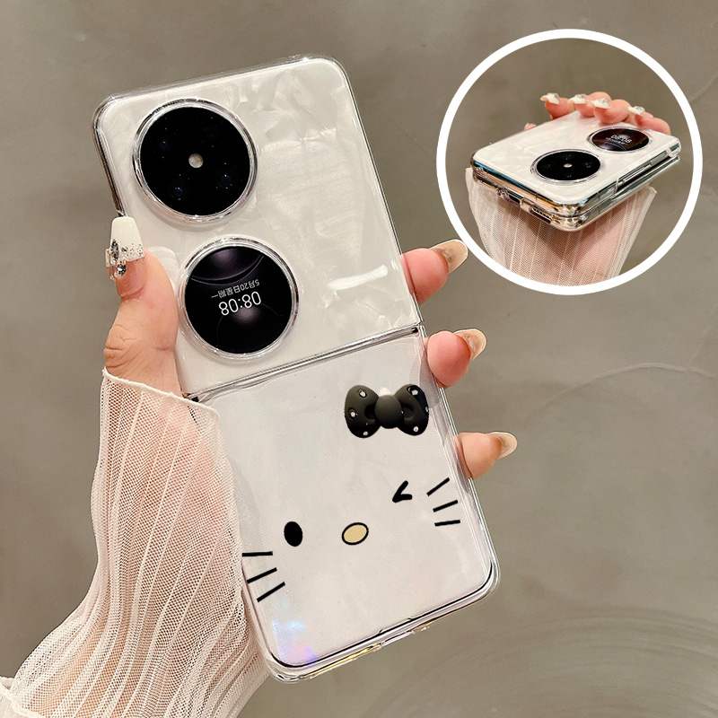 热瓜适用华为P50pocket手机壳Pocket2折叠屏保护套银色可爱蝴蝶结猫咪透明pocket2创意高档翻盖视窗全包套