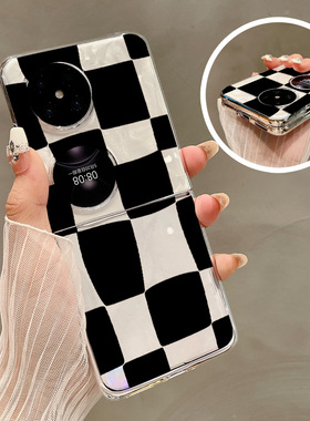 热瓜适用华为P50pocket手机壳Pocket2折叠屏保护套扭曲黑色格子UV透明新款pockets创意高档翻盖视窗全包潮套