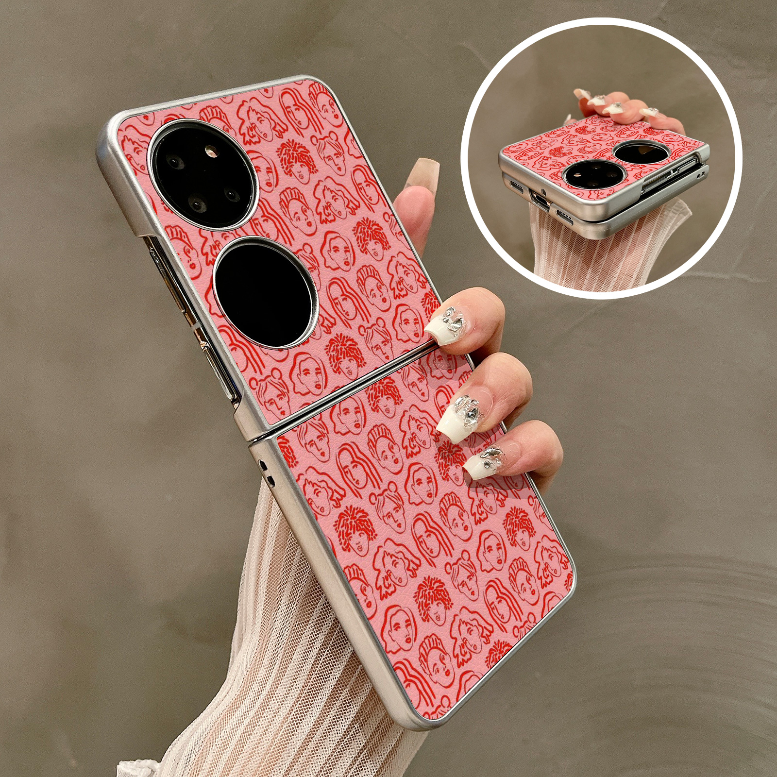 热瓜适用华为P50pocket手机壳Pocket2折叠屏保护套银色满屏画像女孩子潮油边新款pockets创意高档视窗全包套