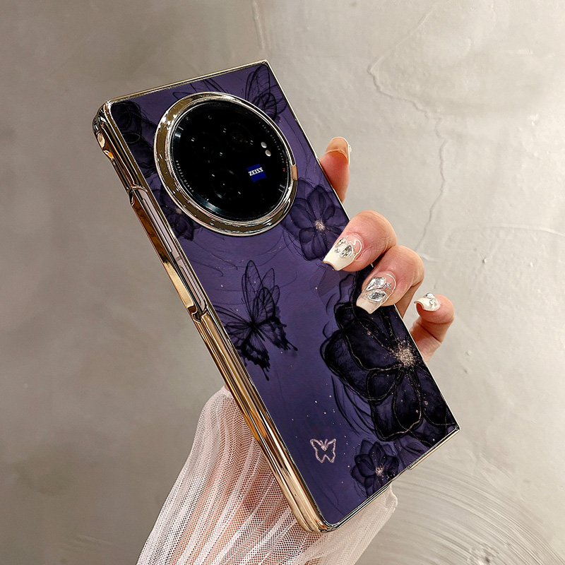 热瓜适用VIVOXFold5手机壳折叠屏保护套紫色水墨蝴蝶花朵电镀金边新款气质xfold3pro/xfold2高档全包潮防摔套