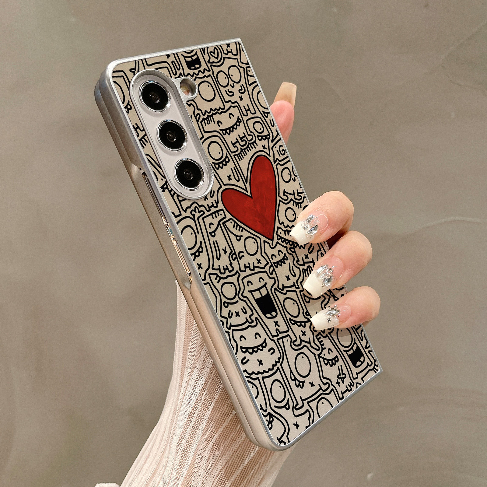 热瓜适用于三星GalaxyZFold7/6/5/4/3手机壳折叠屏保护套卡通爱心创意手绘银色油边新款高档折叠壳高级全包套