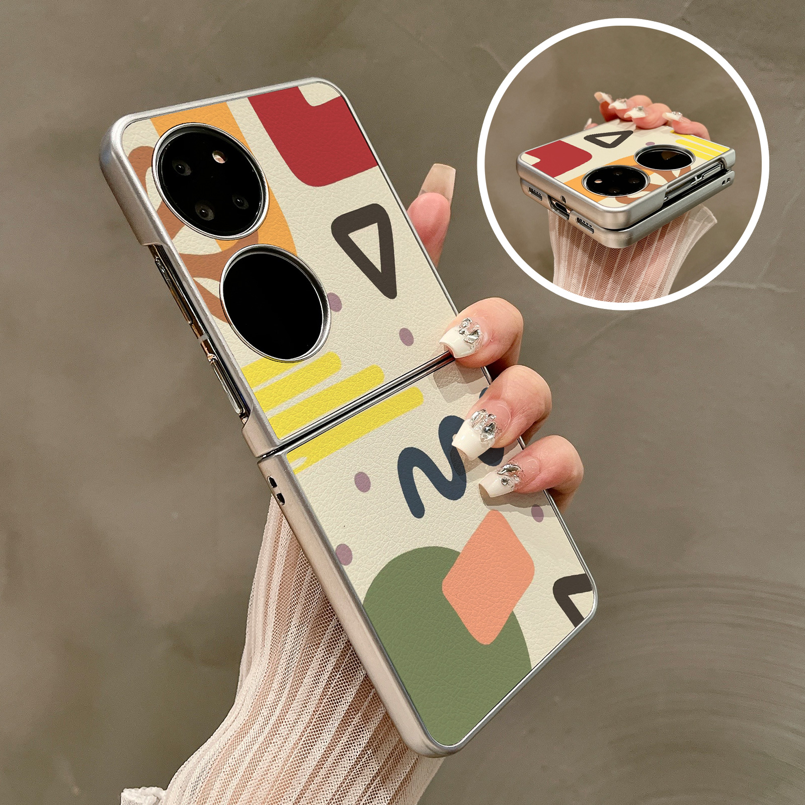 热瓜适用华为P50pocket手机壳Pocket2折叠屏保护套银色手绘粗线条简图油边新款pockets创意高档翻盖全包潮套